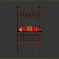 Wooden Dining Chair With Carved Openwork Design And Red Cushion With Colorful Patterns