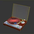 Vintage Turntable With Open White Lid Red Base And Colorful Vinyl Record