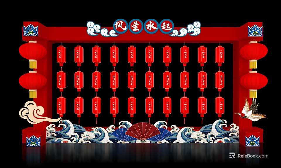 Traditional Red Lanterns On Red Background With Blue Wave Patterns And Fan Decor 3d model