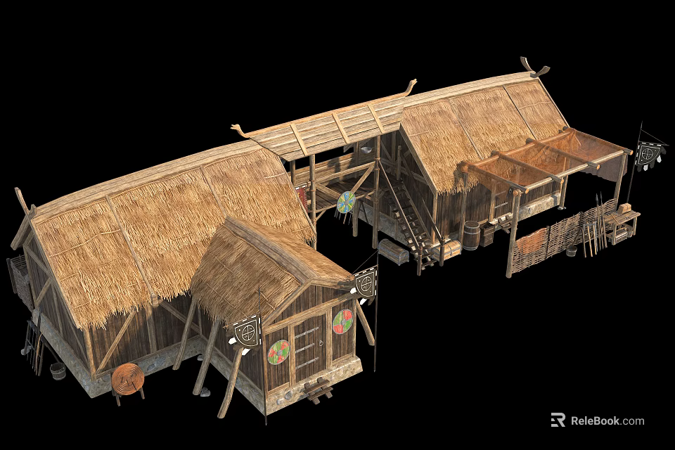Traditional Wooden House With Thatched Roof Decorative Windows And Wooden Stairs 3d model 