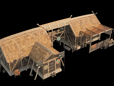 Traditional Wooden House With Thatched Roof Decorative Windows And Wooden Stairs 3d model