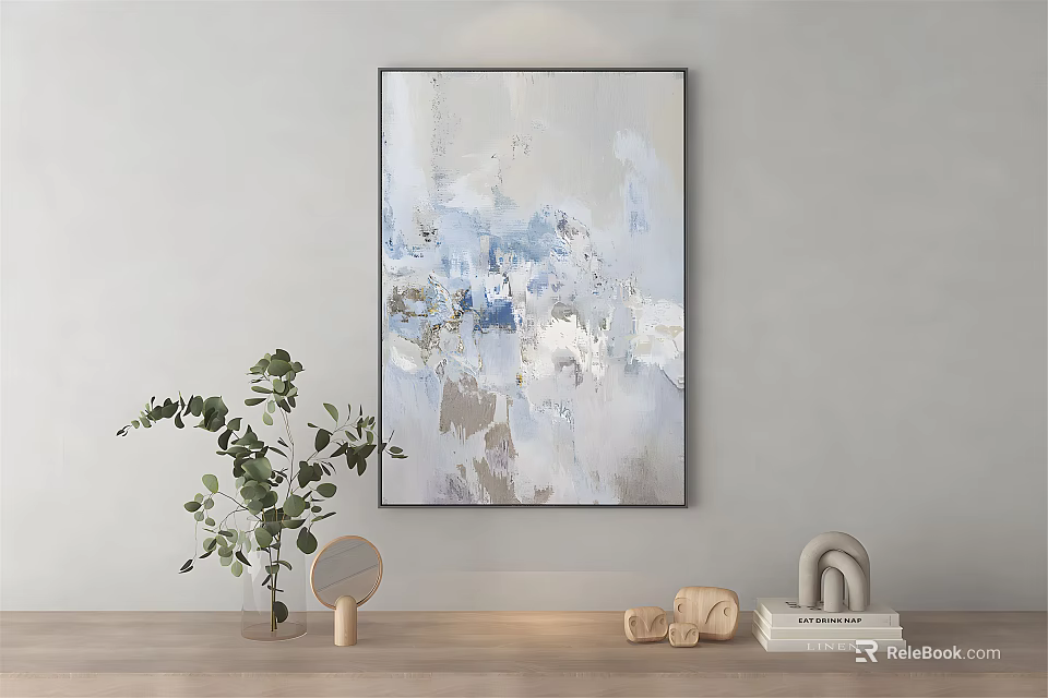 Abstract Painting With Blue White Gray Tones On Gray Wall Green Plant And Small Decor 3d model 
