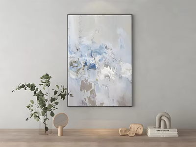 Abstract Painting With Blue White Gray Tones On Gray Wall Green Plant And Small Decor 3d model