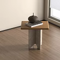 Modern Side Table with Wooden Top and Unique Concrete Legs Holding Teapot and Books