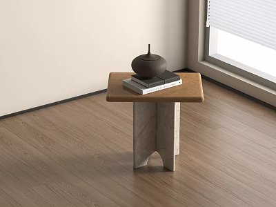 Modern Side Table with Wooden Top and Unique Concrete Legs Holding Teapot and Books 3d model