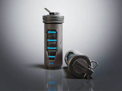 Two Daily Electrical Appliances Featuring Black Cylindrical Design With Blue Stripes And Metal Lids 3d model