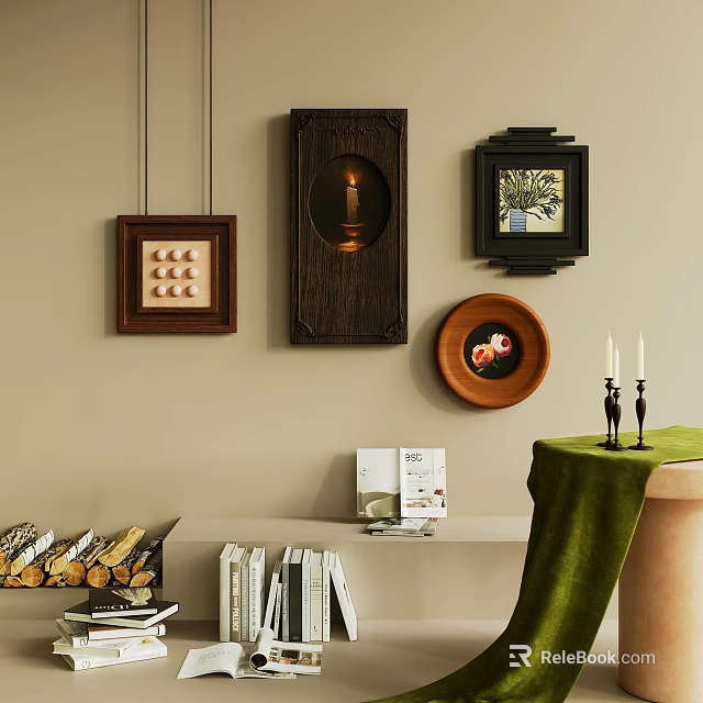 Other Decor Elements With Wall Frames Lighted Art Wooden Plate And Candles 3d model