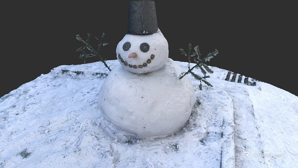 Snowman Game Movie Character With Black Hat Carrot Nose And Stick Arms On Snowy Ground 3d model 