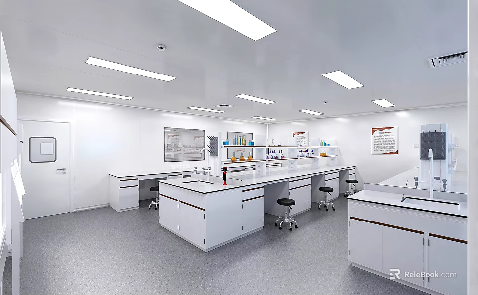 Modern Bright Laboratory Interior With Workbenches Stools Cabinets And Lights 3d model 