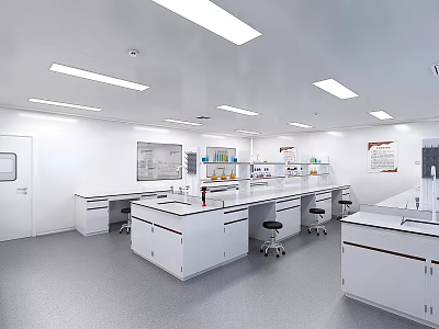 Modern Bright Laboratory Interior With Workbenches Stools Cabinets And Lights 3d model