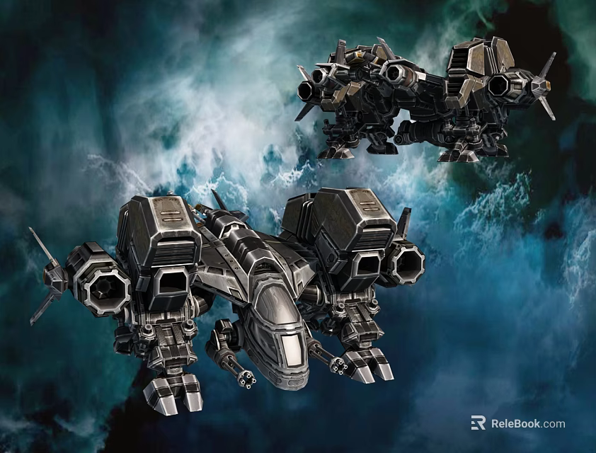 Two Futuristic Fighter Jets Flying In Cosmic Nebula Background With Metallic Design 3d model 