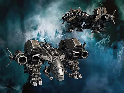 Two Futuristic Fighter Jets Flying In Cosmic Nebula Background With Metallic Design 3d model