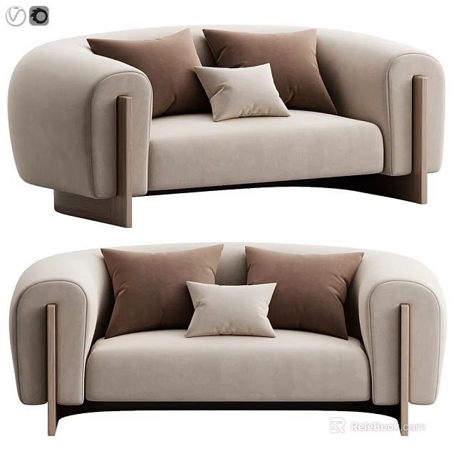 Modern Beige Upholstered Two Seater Sofa With Solid Wood Frame And Soft Matching Throw Pillows 3d model 
