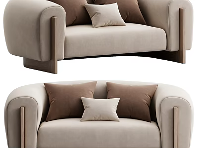 Modern Beige Upholstered Two Seater Sofa With Solid Wood Frame And Soft Matching Throw Pillows 3d model