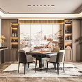 Elegant Chinese Style Hotel Mahjong Room With Round Table Chairs Landscape Painting And Cabinets