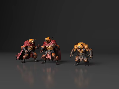 Three Fantasy Horned Warrior Figures In Detailed Armor With Red Capes 3d model