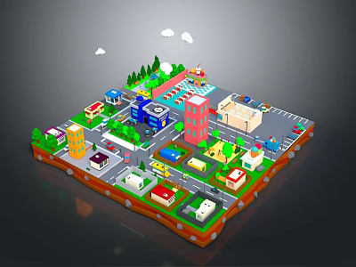 3D Miniature City Model With Colorful Buildings Roads Trees And Cars 3d model
