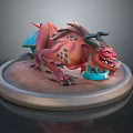 Fierce Red Fantasy Game Movie Character With Black Spots Horns Claws And Circular Base