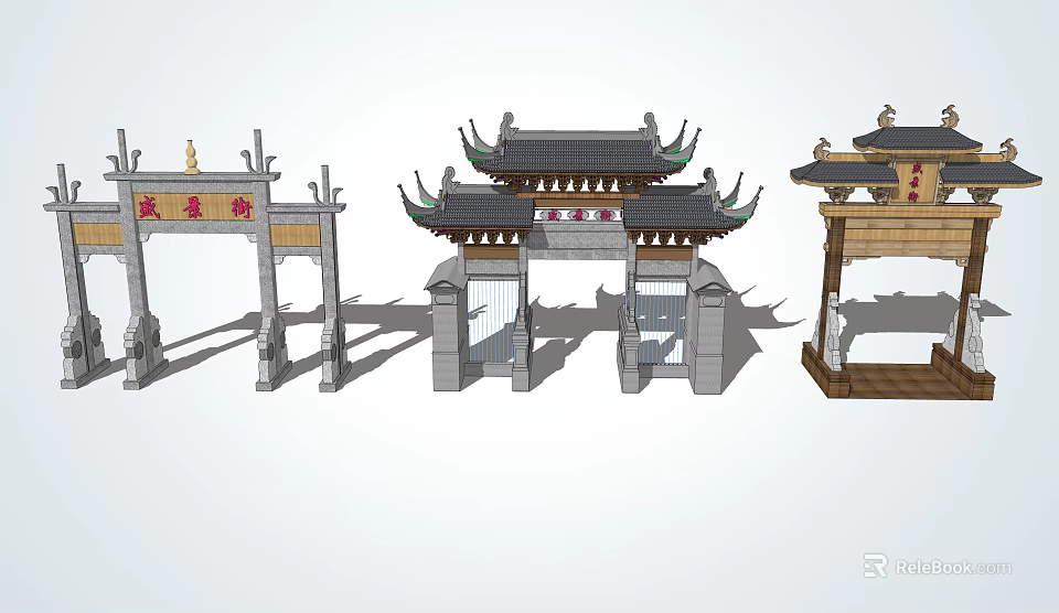 Traditional Chinese Pailou Architectural Structures With Various Styles And Classic Roof Designs 3d model 