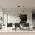 Modern Restaurant Interior With Open Design Dining Table Chairs Pendant Lights Bookshelf And Plants