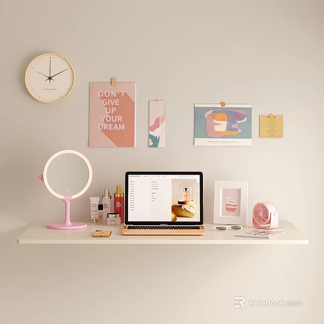 Organized White Desk With Wall Clock Motivational Poster Pinned Cards Laptop Pink Mirror And Cosmetics 3d model 