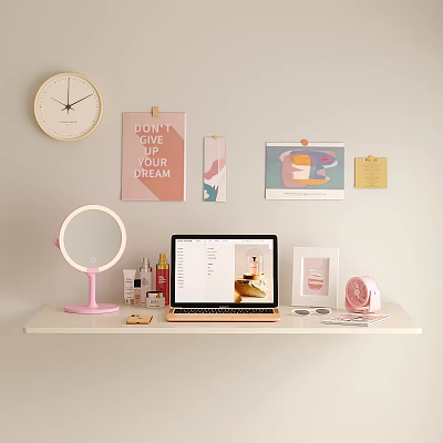Organized White Desk With Wall Clock Motivational Poster Pinned Cards Laptop Pink Mirror And Cosmetics 3d model