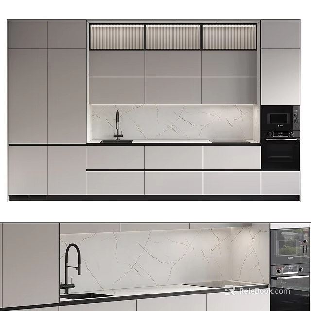 Modern Kitchen Interior Design With Gray Cabinets White Marble Countertop And Microwave 3d model 