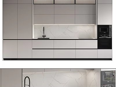 Modern Kitchen Interior Design With Gray Cabinets White Marble Countertop And Microwave 3d model