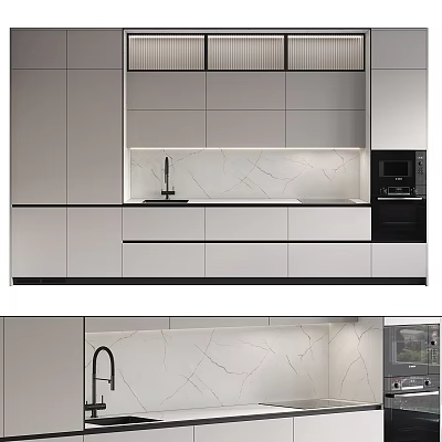 Modern Kitchen Interior Design With Gray Cabinets White Marble Countertop And Microwave 3d model