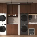 Modern Laundry Room Interior With Wooden Cabinets Washing Machines And Dryers