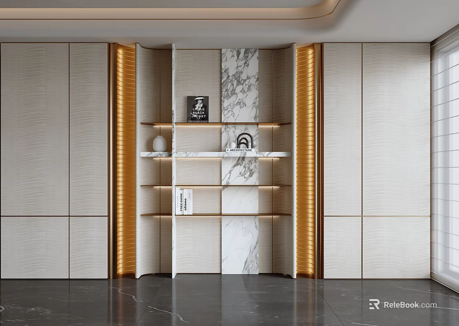Modern Bookshelf With Marble Panels Gold Trim Open Shelves And LED Lighting 3d model 