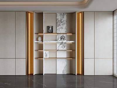 Modern Bookshelf With Marble Panels Gold Trim Open Shelves And LED Lighting 3d model