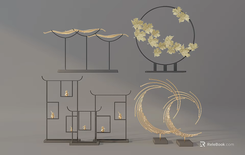 Chinese Style Decorative Ornament Set With Pagoda Shapes Circular Frames Crescent Designs And Floral Accents 3d model 