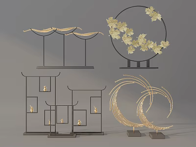 Chinese Style Decorative Ornament Set With Pagoda Shapes Circular Frames Crescent Designs And Floral Accents 3d model
