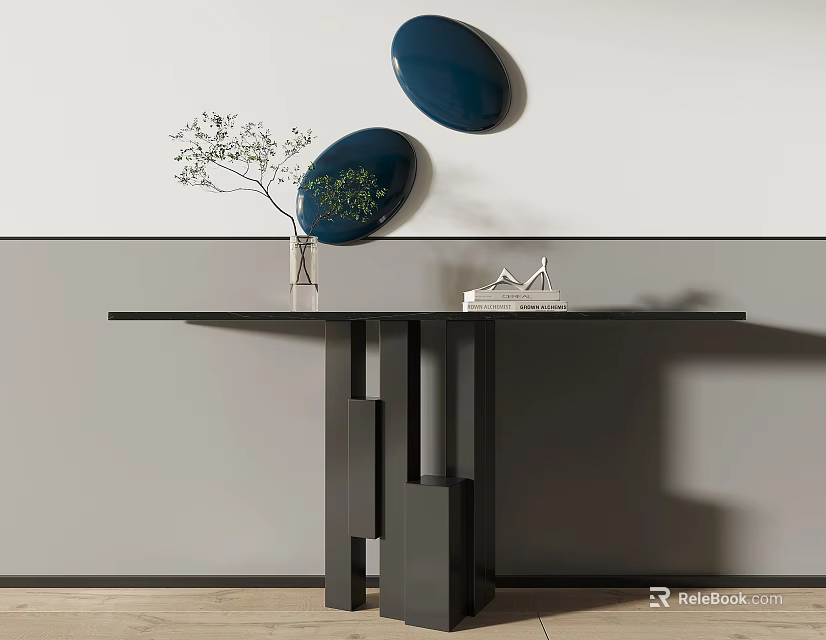Modern Entryway Console Table With Black Frame Green Plant And Blue Wall Decor 3d model 