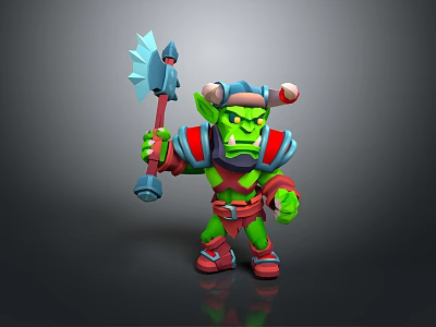 Green Skinned Horned Orc Warrior Holding Spiked Axe In Red And Green Armor 3d model