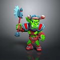 Green Skinned Horned Orc Warrior Holding Spiked Axe In Red And Green Armor
