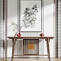 Chinese Modern Console Table Design With Wall Art Lattice Screens And Green Plant Vase