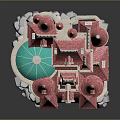Detailed Castle Model With Pink Roofs Towers Colorful Domes Wooden Door And Stone Base