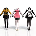 Three Mannequins Displaying Different Style Costumes In Yellow Pink And Black