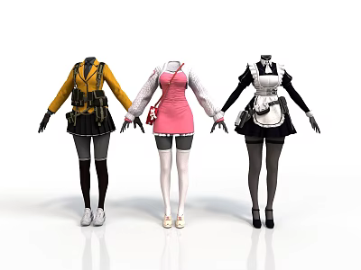 Three Mannequins Displaying Different Style Costumes In Yellow Pink And Black 3d model