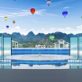 Outdoor Stage With Hot Air Balloons Mountain Landscape VTOS Logo And Water Pool