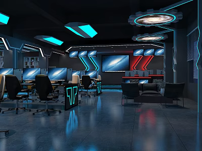 Modern Internet Cafe Interior Design With Multiple Computers Comfortable Seats And LED Lighting 3d model