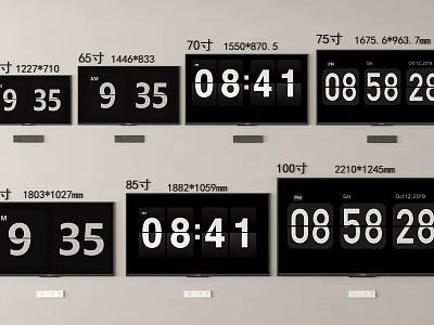 Various Size TVs Featuring Digital Time Display And Dimensions 65 Inch 70 Inch 3d model