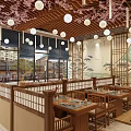 Japanese Restaurant Interior With Cherry Blossom Decor Lanterns Mountain Wave Murals And Wooden Bar Counter