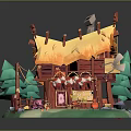 Whimsical Wooden Cottage With Straw Roof Red Walls Garland Decorations Green Trees Stones And Grass