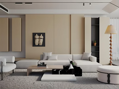 Modern Living Room Interior Design With White Sofa Coffee Table Floor Lamp And Decorative Painting 3d model