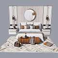 Modern Double Bed With Circular Wall Decor Nightstands And Patterned Bedroom Rug 3d model
