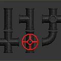 Industrial Style Metal Pipe Fittings With Red Valve And Various Shapes On Dark Background