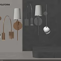 Modern Unique Shaped Wall Lamps With Curved Metal Brackets And White Lampshades